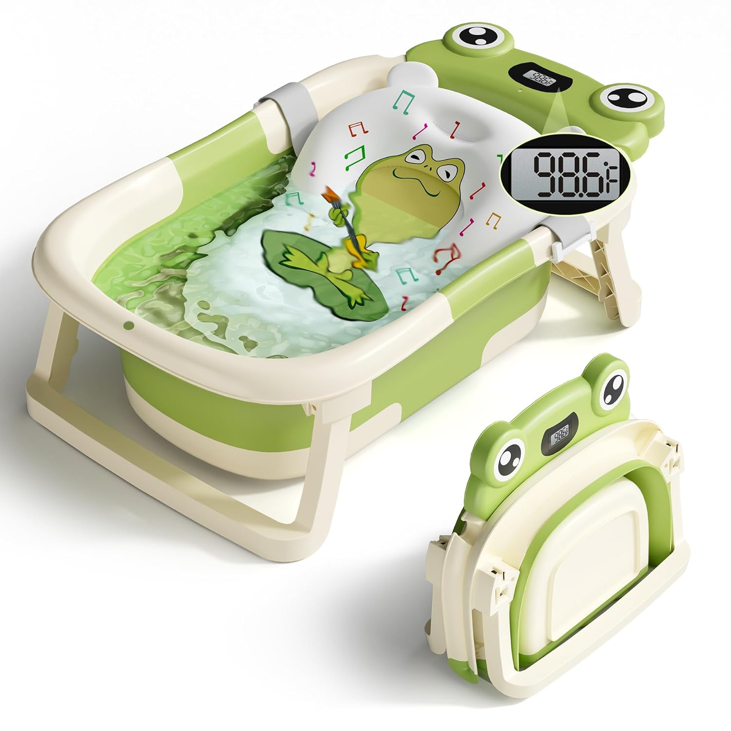 Baby Bathtub, Collapsible Newborn Bathtub for Infant to Toddler 0-24 Months with Soft Cushion and Thermometer,Portable Travel Newborn Tub with No-Slip Feet, Baby Shower Gifts,Green