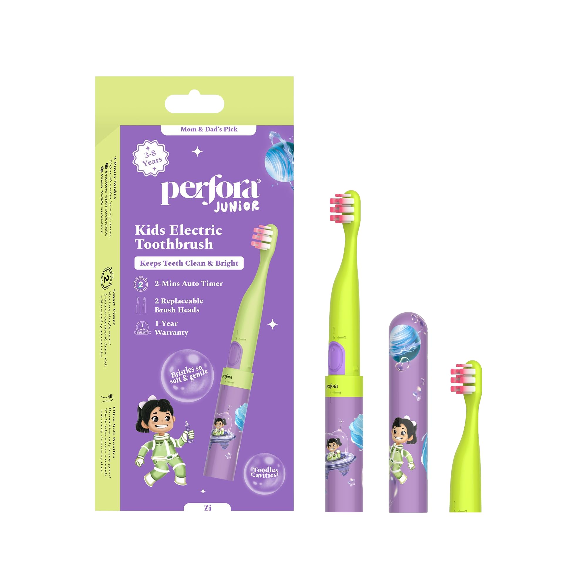 Perfora Electric Toothbrush For Kids | AAA Battery Powered , 90 Day Battery Life | 2 Brushing mode | With 2 Brush Head & Travel Cover | 1 Year Warranty | Age 3-8 | Electric Brush For Kids Oral Care- Zi