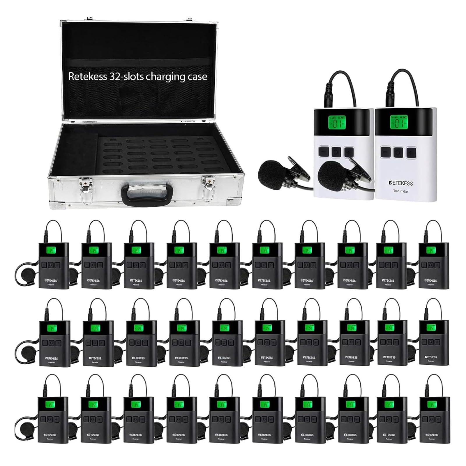 Retekess TT122 Sistema di Guida Turistica, 150m, 2.4G, 1500mAh Audio Wireless Apparecchiatura di Traduzione a 36 Canali, con Scatola di Ricarica a 32 Slot TT015 per Fabbrica, Turismo, Conferenza