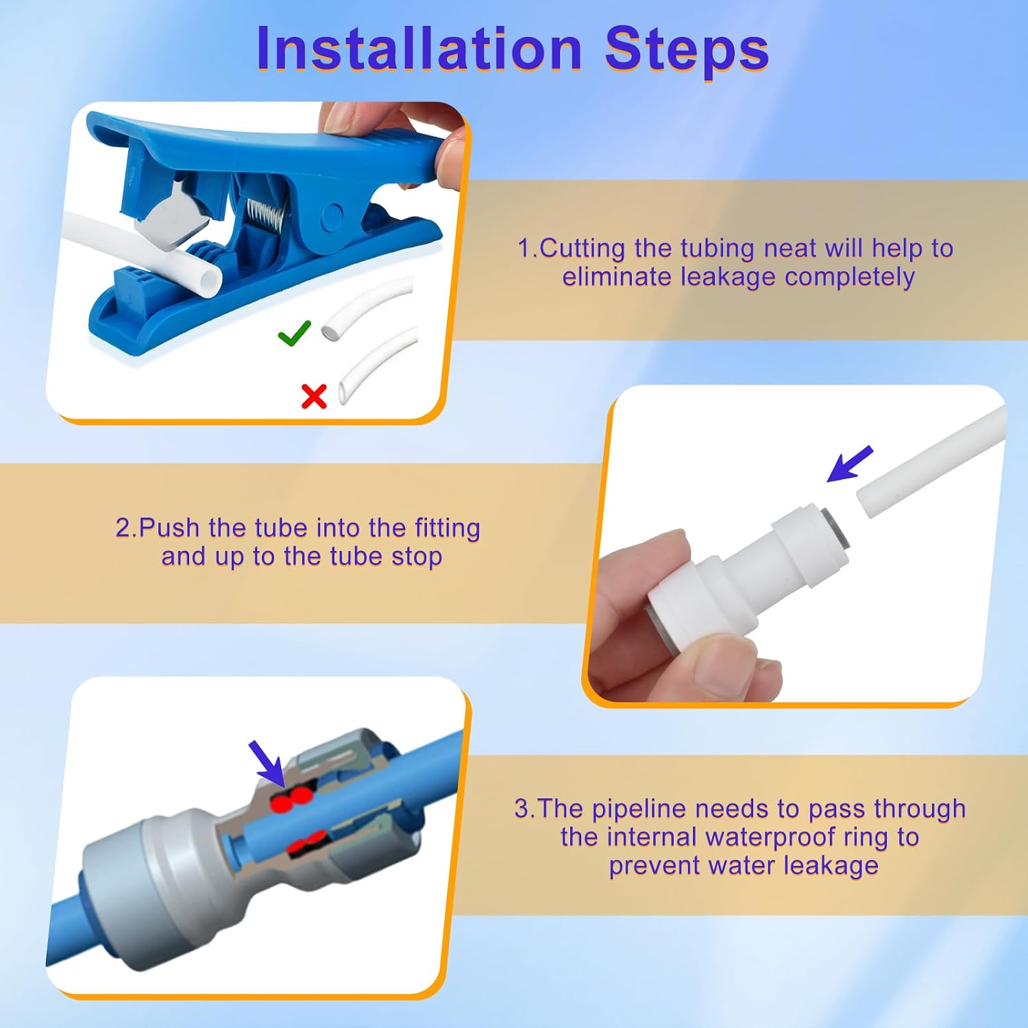 Quick Connect Fittings Set With 1/4" to 3/8" Tube OD Push Fit + Ball Valve + T/I/L/Y Fitting + 32.8 ft Tubing + Tube Cutter for RO Water Systems Purifiers Filters