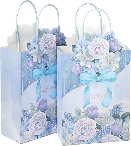 qiqee Paquete de 24 bolsas de regalo de papel de flores azules con asas a granel de 8.26 x 6 x 3.15 pulgadas, bolsas de regalo de múltiples usos,