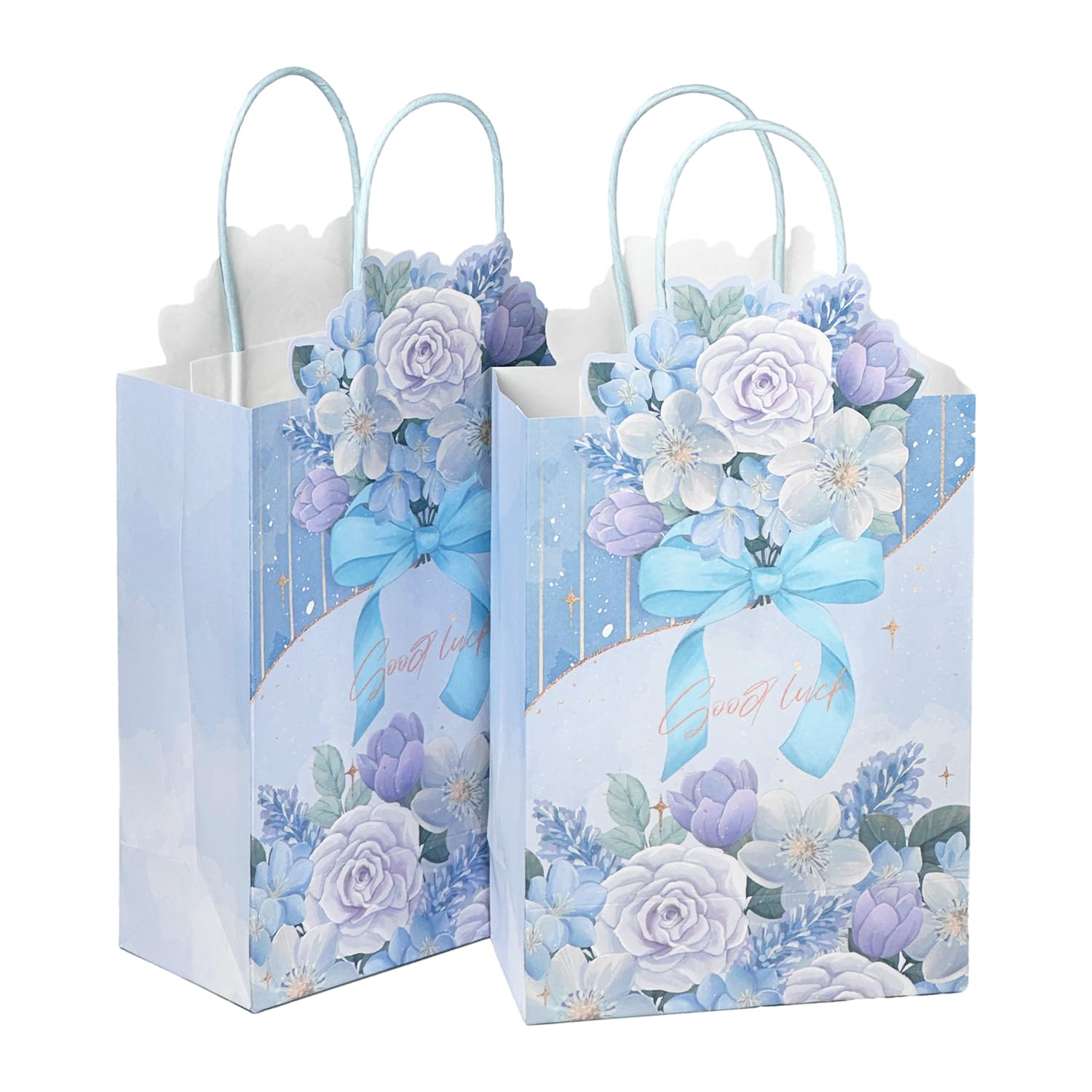 qiqee 24-Packs Blue Flower Paper Gift Bags with Handles Bulk 8.26×6×3.15 Inch Gift Bags Multiple Uses Thank you paper bags (Small Size)