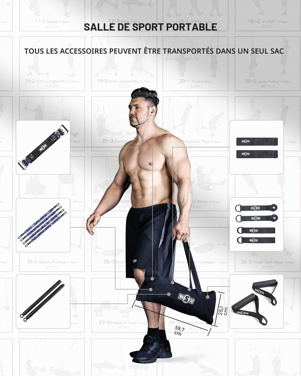 INNSTAR Kit Elastiques de Musculation Réglable pour la Salle de Gym à la Maison, Barre Elastique Musculation avec 4 Bandes de Résistance, Portable Home Gym 3.0 Set pour la Salle de Gym à la Maison