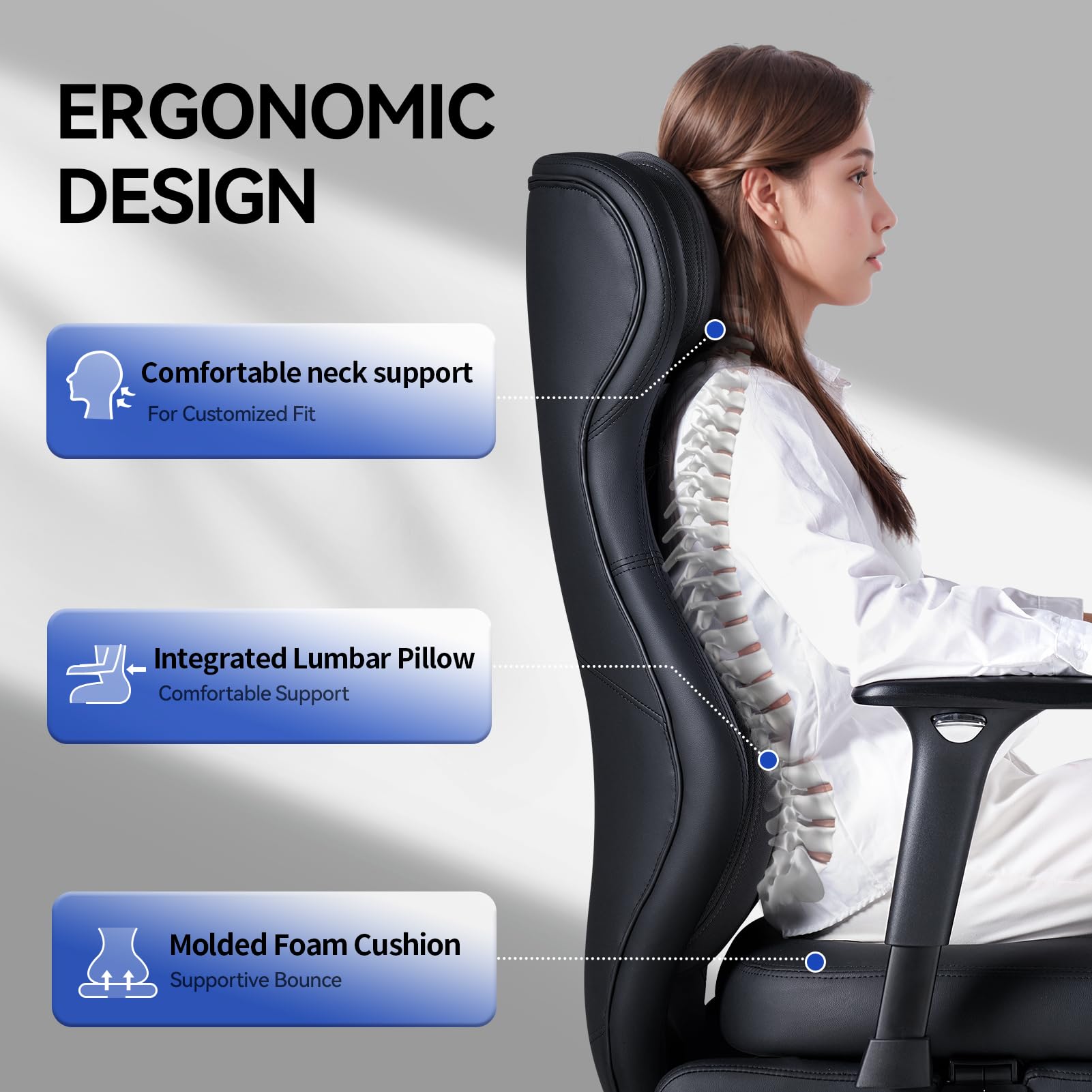 EMIAH Silla Oficina Ergonómica, Silla de Escritorio Reclinable con Reposapiés, Reposabrazos Ajustables, Silla Game de Respaldo Alto, Silla de Ordenador Ejecutiva con Soporte Lumbar, Cuero PU (Negro)