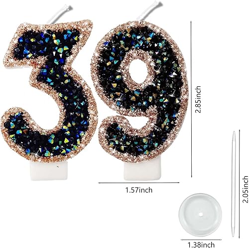 Miniatura 39 de Velas de números con purpurina de oro rosa de 2.8 pulgadas, muchos colores, regalos de cumpleaños de 22 años, velas de cumpleaños, velas de números