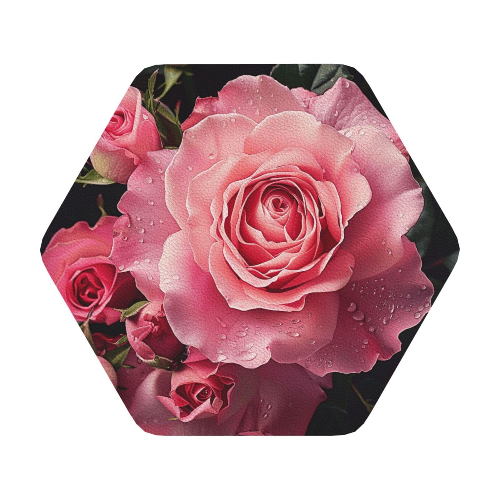 Rose Print Leather Coaster Set of 6, Hexagon Coasters Table Decorative Coffee Cup Beverage Coasters Wine Beer Bar Coasters for Hot Drinks Table Protection