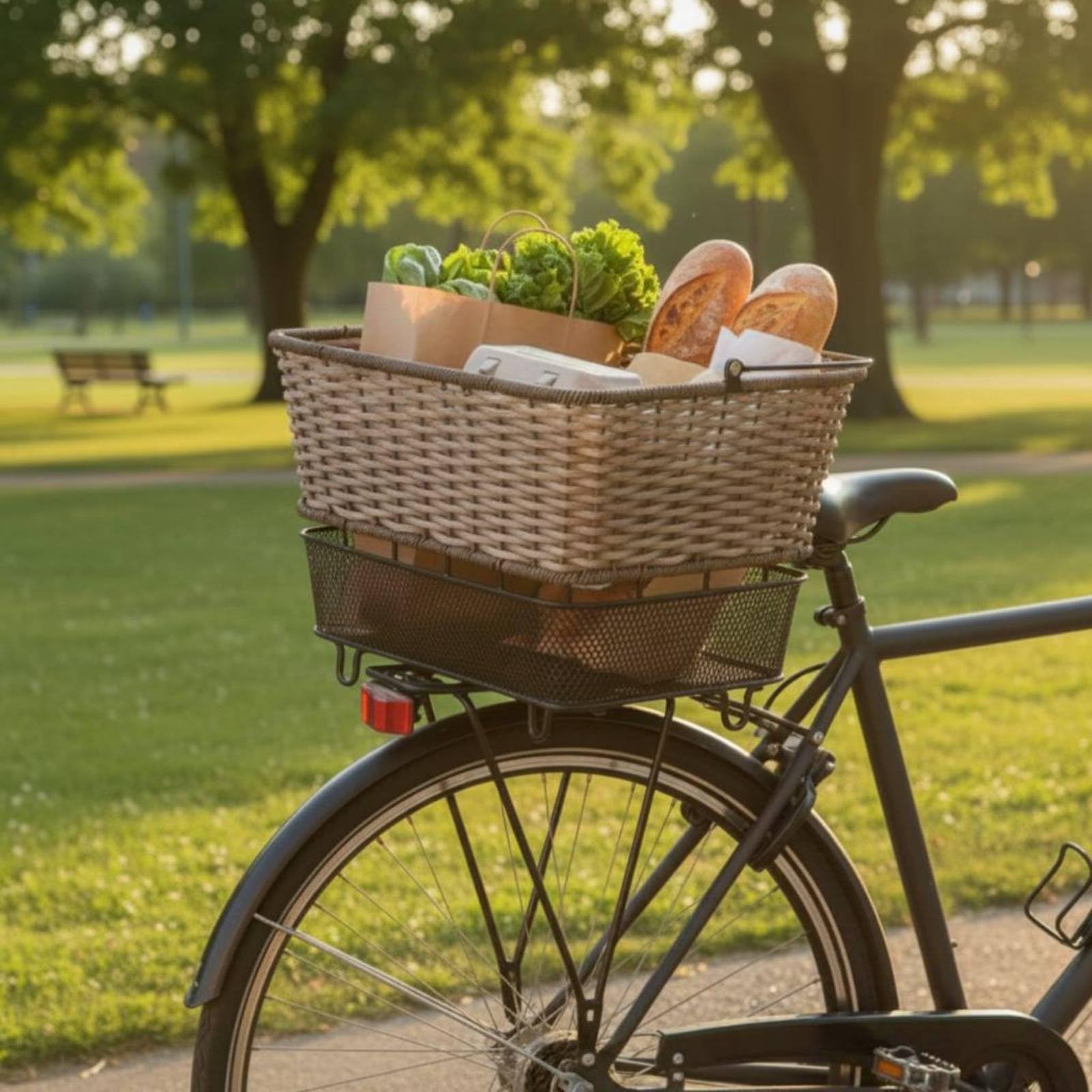 perfk Cestino Posteriore Bicicletta Struttura Ferrosa Fondo Reticolato Rattan Plastico d'Imitazione Liner Impermeabile Protettivo Rilascio Rapido per Professionisti Trasporto Oggetti