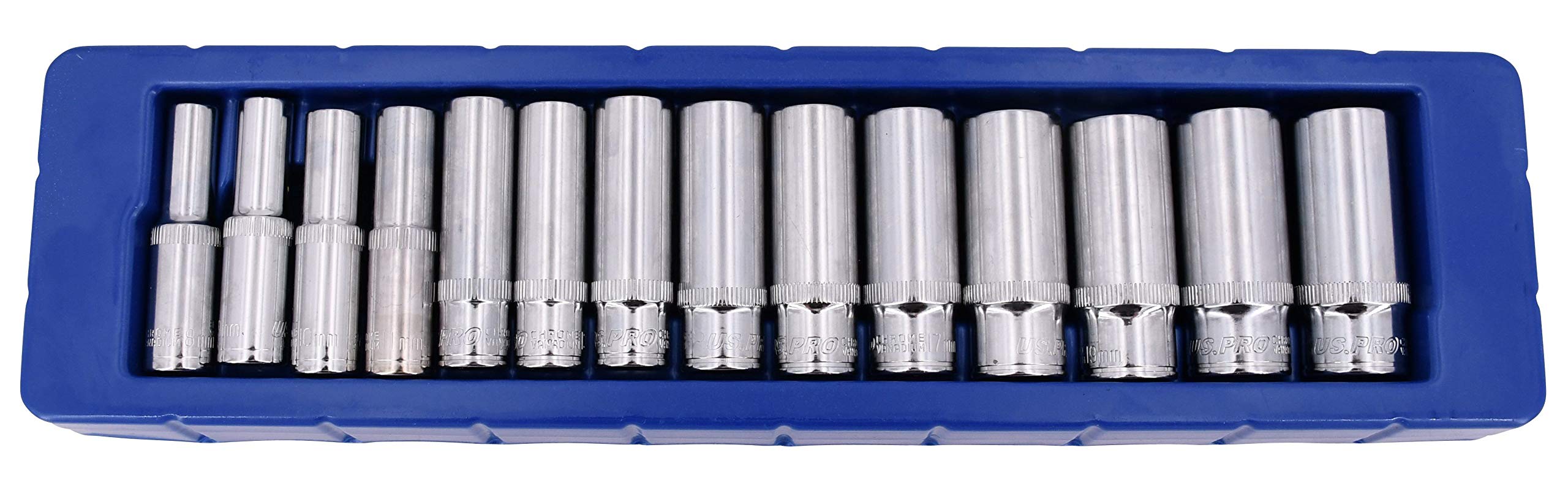US PRO 14PC 3/8"" Drive Deep Socket Set 8-21mm Metric 6PT CR-V Steel Knurled Tool