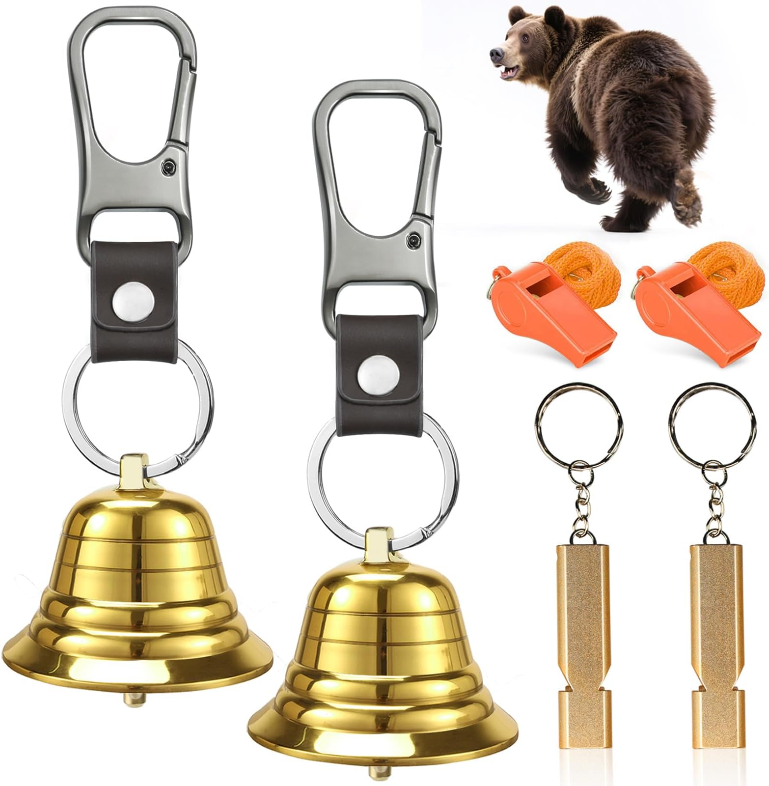 Loud Bear Bell Set to Scare Bears, Hiking Essentials for Women, Emergency Whistle and Bear Bells for Hiking, Camping, Biking, Solid Brass Bear Deterrent Hiking Gear Gifts