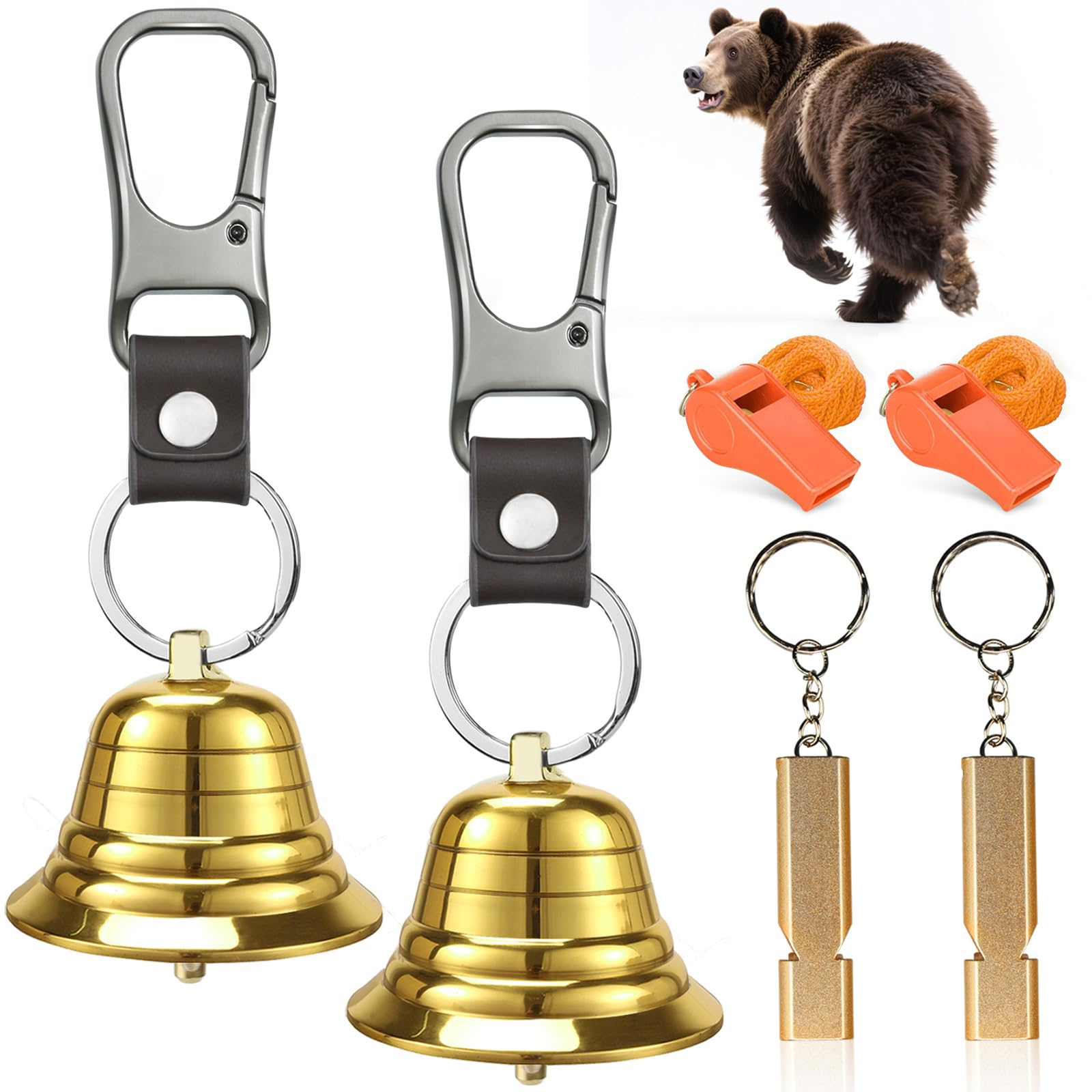 NedFoss Loud Bear Bell Set to Scare Bears, Hiking Essentials for Women, Emergency Whistle and Bear Bells for Hiking, Camping, Biking, Solid Brass Bear Deterrent Hiking Gear Gifts