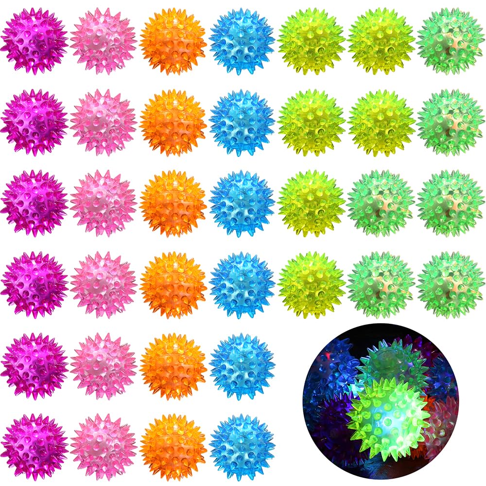 LED Light Up Bouncy Spiky Ball Flashing Squeaker Fidget Sensory Squeezy Antistress Toy, 36 Pcs 6 Color Blinking Squishy Stress Relief Massage Squeeze Balls For Adults Pets Play Or ADHD ADD Autism