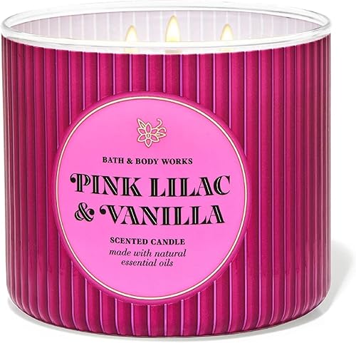 Bath & Body Works, White Barn - Vela de 3 mechas con aceites esenciales, 14.5 onzas, aromas de primavera 2022 (lila rosa y vainilla)
