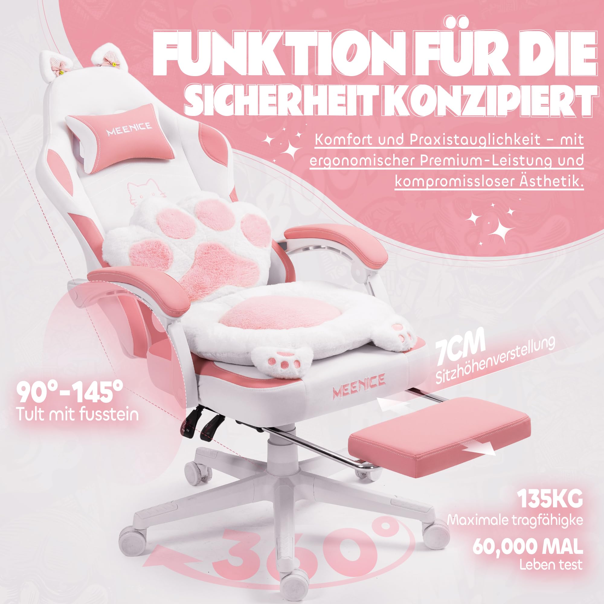 Pink Cute Katze Gaming Stuhl Stoff mit Katzenpfote Lendenkissen und Katzenohren, Gaming Stuhl mit Fußstütze Ergonomischer Pc Stuhl für Kinder Erwachsener Mädchen, 140kg Belastbarkeitfür, Rosa