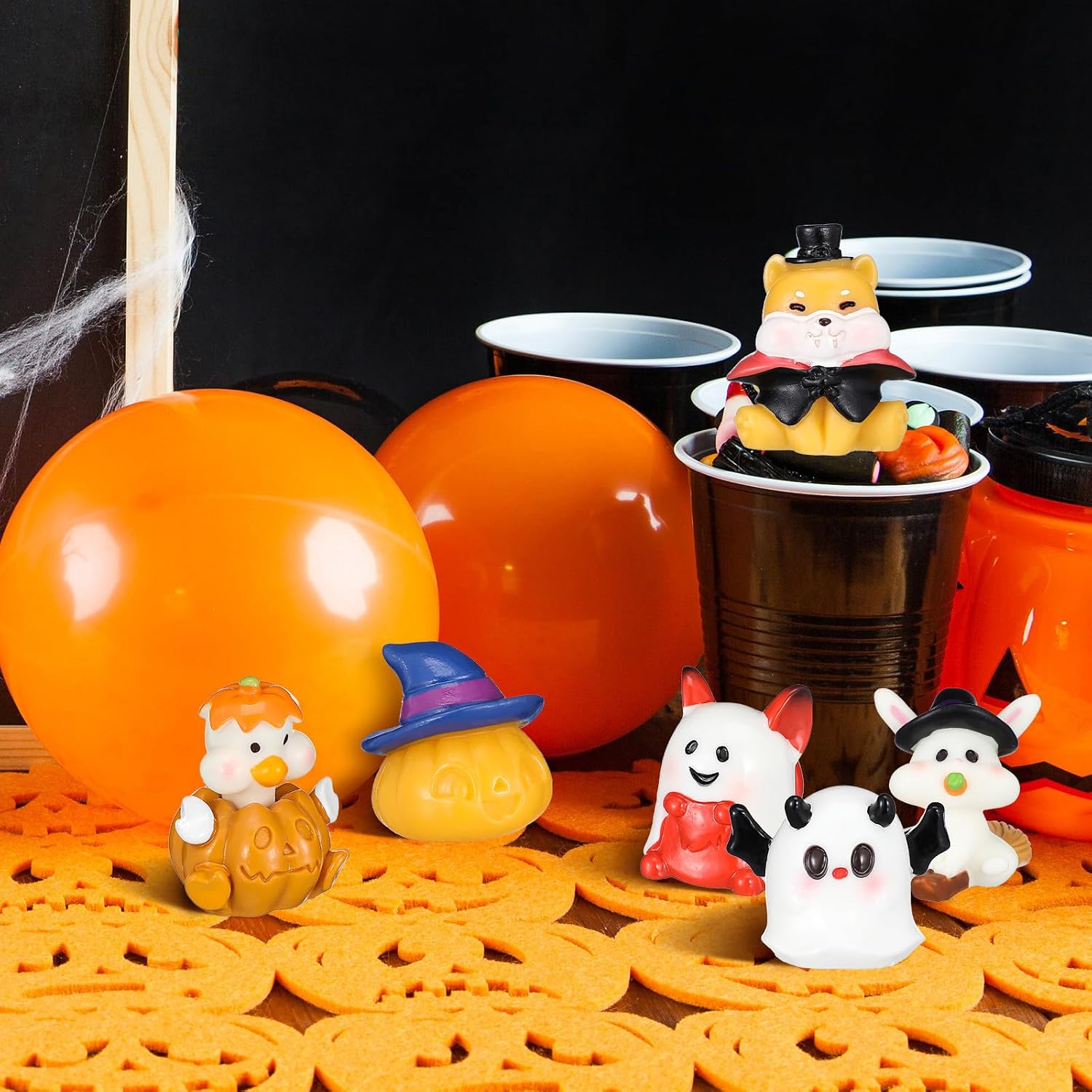 6pcs Halloween Miniature Resin Figurine Ornament Set | Ghost Dog Witch Rabbit Hat Pumpkin Figures, Smooth Polished Surface, Themed Events