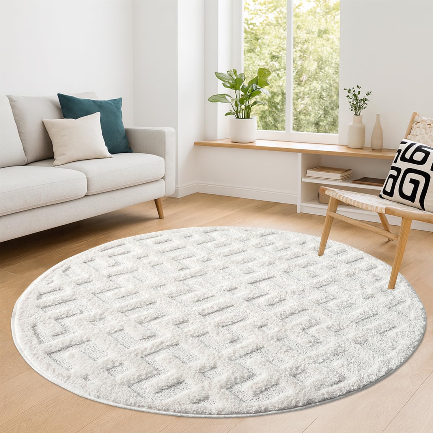 payé Teppich Rund - 200x200cm - Hochflor - Boho - Pastell Creme Grau - Einfarbig - Modern Geo Muster- Skandinavisch Flauschig Weich - Schlafzimmer Dekoration