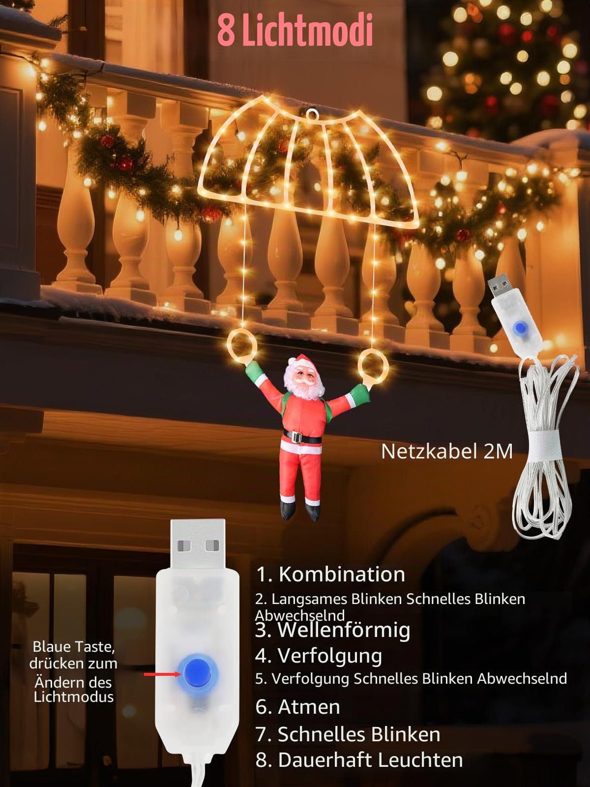 Weihnachtsbeleuchtung Außen, 90CM LED Weihnachtsbeleuchtung Weihnachtsdeko Outdoor, 8 Modi USB-Beleuchtung Xmas Deko mit Haken für draußen und innen an Fenstern, Türen, Wänden und Gärten