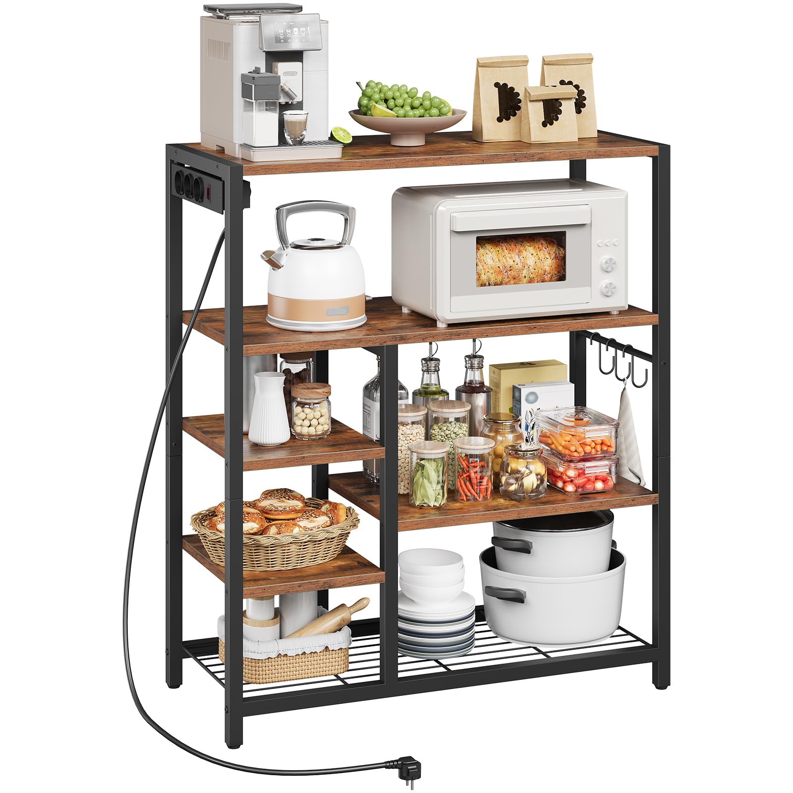 HOOBRO Küchenregal mit Steckdosenleiste (3 AC-Steckdosen mit Schalter), Standregal, Mikrowellen-Regal mit 3 abnehmbaren S-Haken, 5 Ebenen, für Küche und Wohnzimmer, Vintagebraun und Schwarz EBF25CHB01
