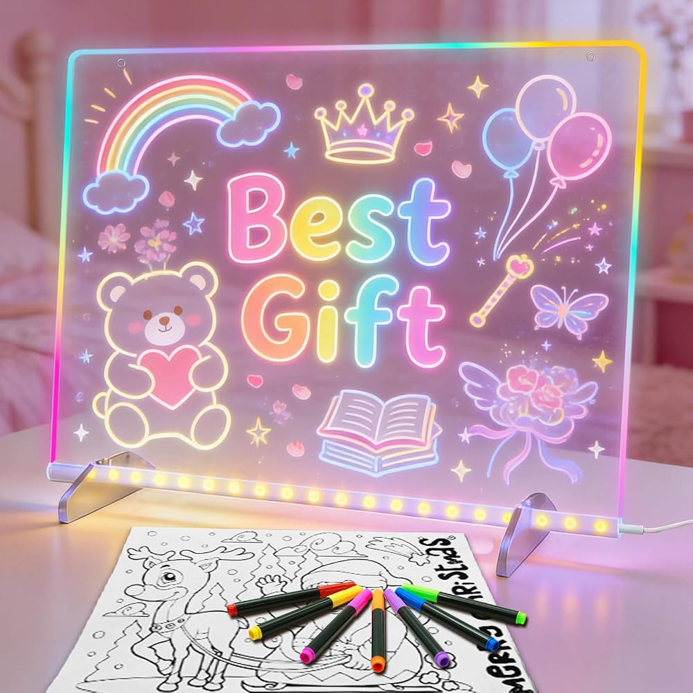LED Note Board with 7 Colors, 13"x10" Led Drawing Board for Kids, Light Up Dry Erase Boards with 7 Markers, Soft Cloth, Hanging Chain-Gift for Ages 5-12 Year Old Girl - Little Kids Art & Craft Gifts