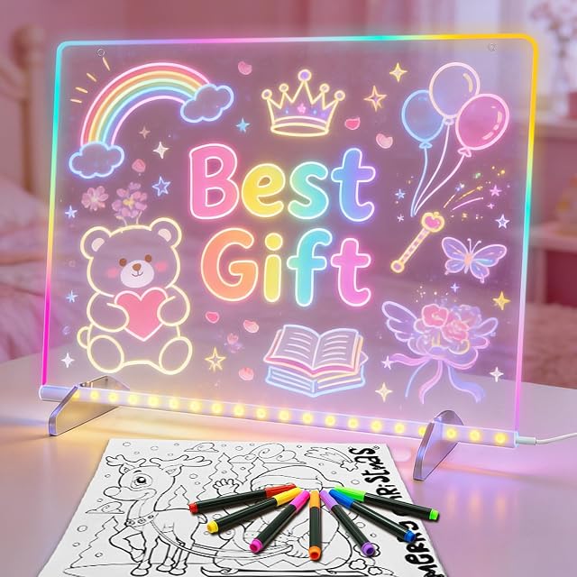 LED Note Board with 7 Colors, 13"x10" Led Drawing Board for Kids, Light Up Dry Erase Boards with 7 Markers, Soft Cloth, Hanging Chain-Gift for Ages 5-12 Year Old Girl - Little Kids Art & Craft Gifts