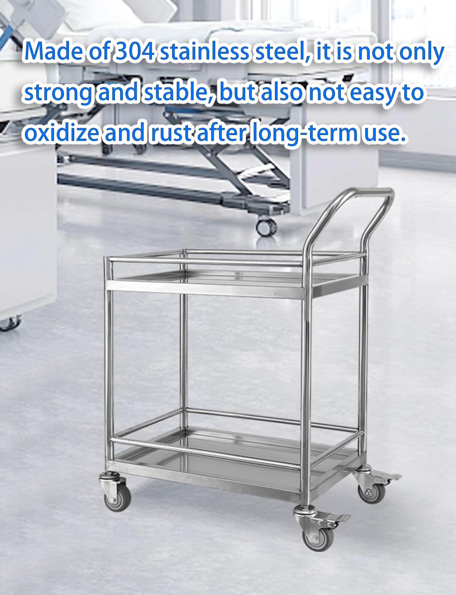 Carrito de mesa de trabajo de acero inoxidable, carrito de cocina de metal rodante de 2 niveles con ruedas de 360°, estantes de laboratorio comercial para restaurante, almacén, 45 x 45 x 85 cm