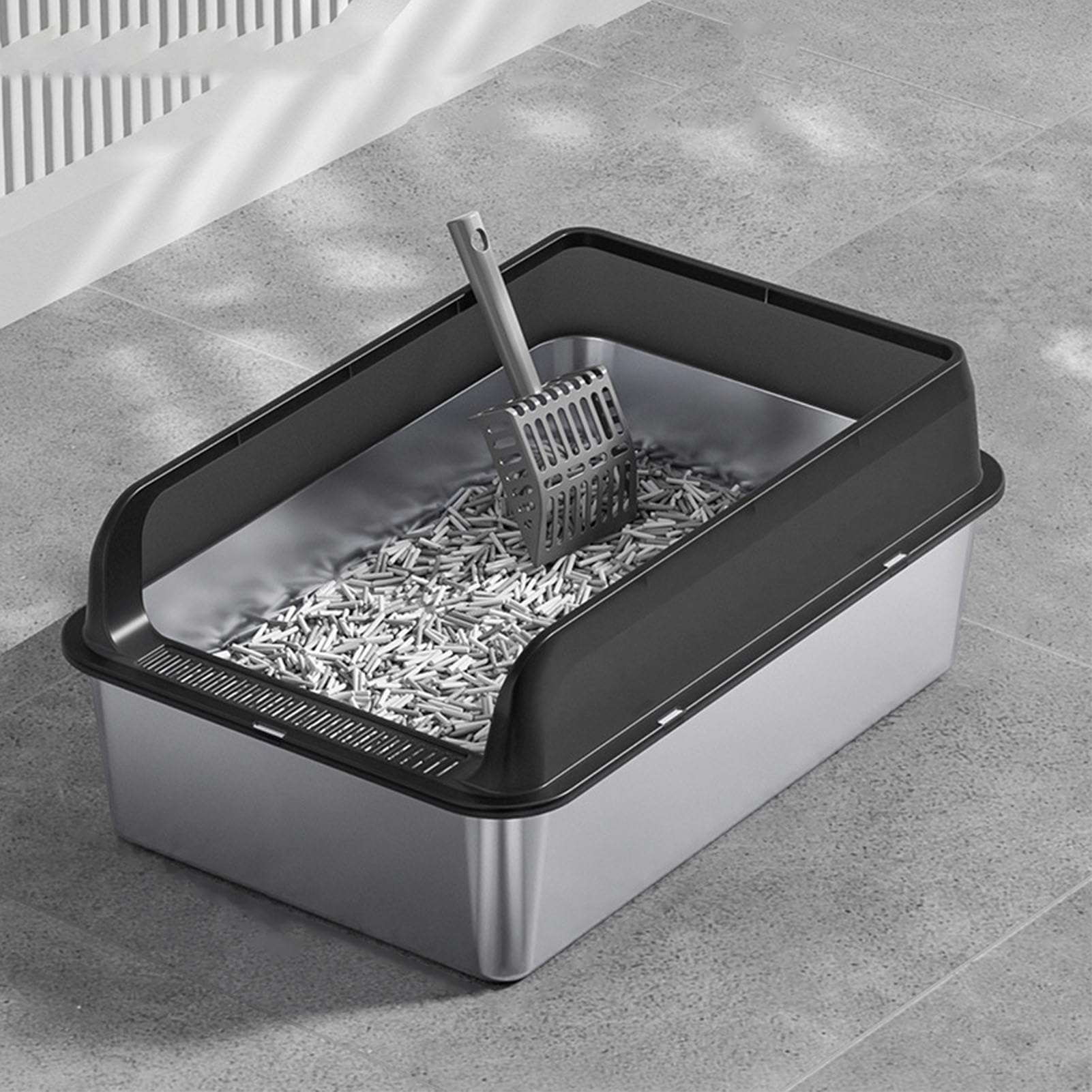 2 stuks 20,3 cm diepe roestvrijstalen kattenbak met deksel, extra grote en diepe roestvrijstalen kattenbak voor meerdere katten, metalen kattenbak met anti- lekkage hoge muur, kattenbak, eenvoudige