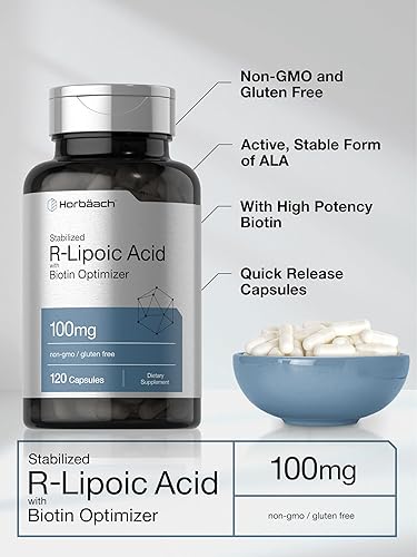 Miniatura 4 de Horbaach - Ácido R-lipoico 100 mg 120 cápsulas con optimizador de biotina Sin OMG, sin gluten Suplemento estabilizado de ácido R-lipoico