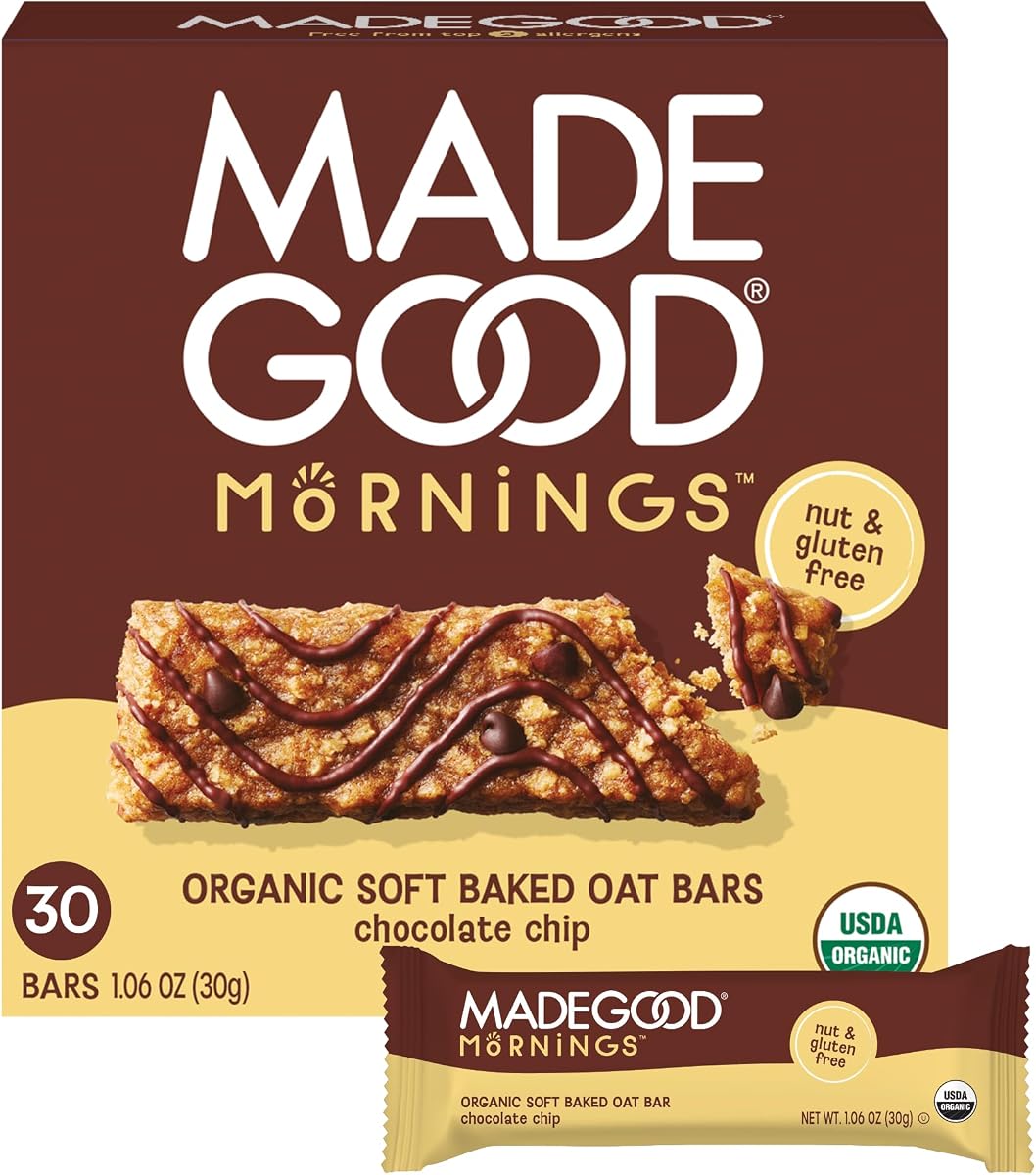 Barras de desayuno horneadas suaves con chispas de chocolate MadeGood Mornings, paquete de 30 | Refrigerios sin gluten para mañanas ocupadas, loncheras y refrigerios para llevar, vitaminas C y D, kosher y sin lácteos