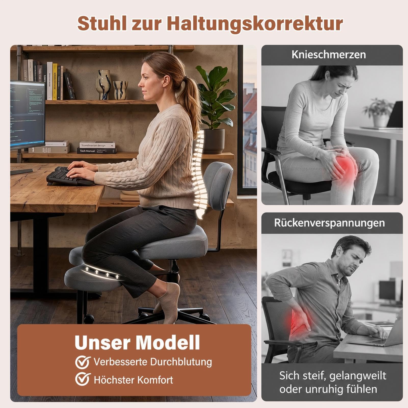 Generisch Kreuzbein-Bürostuhl Mit Rollen Adhs-Schreibtischstuhl Für Erwachsene Meditationsstuhl Höhenverstellbar Yoga-Bürostuhl Breiter Criss Cross Stuhl Mit Lendenwirbelstütze Kniestuhl