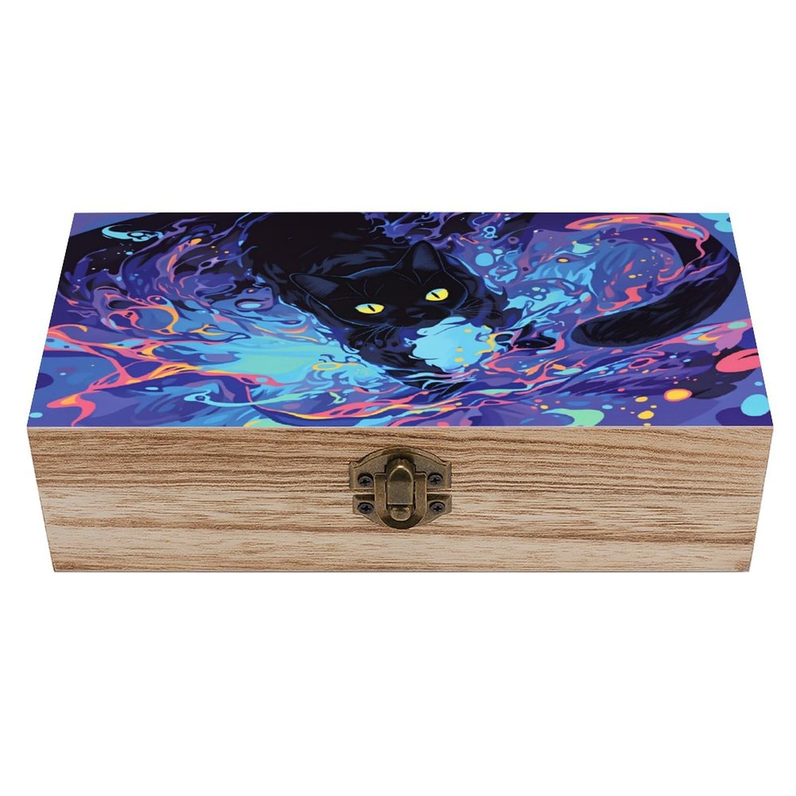 asbwuo Adorable Cartoon-Style Black Cat Vintage Wooden Keepsake Box