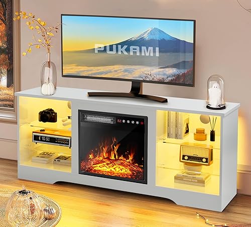 Miniatura 8 de PUKAMI Soporte de TV con chimenea de 18 pulgadas para sala de estar, centro de entretenimiento de 58 pulgadas con luces para patas, armario moderno