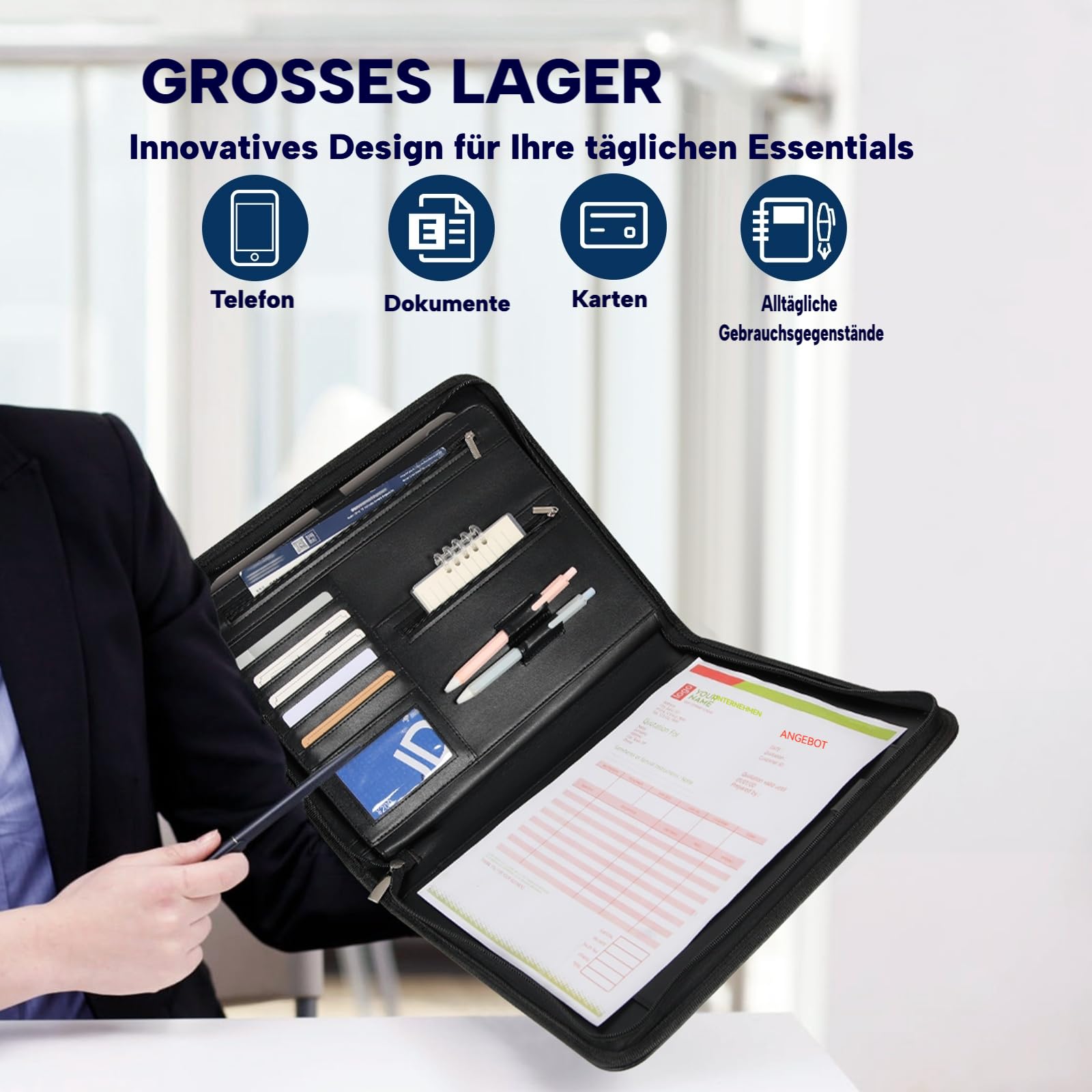 ENOMY Konferenzmappe A4 personalisiert Leder mit Reißverschluss, Dokumentenmappe Organizer Schreibmappe Portfolio Mappe mit Logo Bild, Business Bewerbungsmappe für Büro Meeting Reise Schwarz (Schwarz)