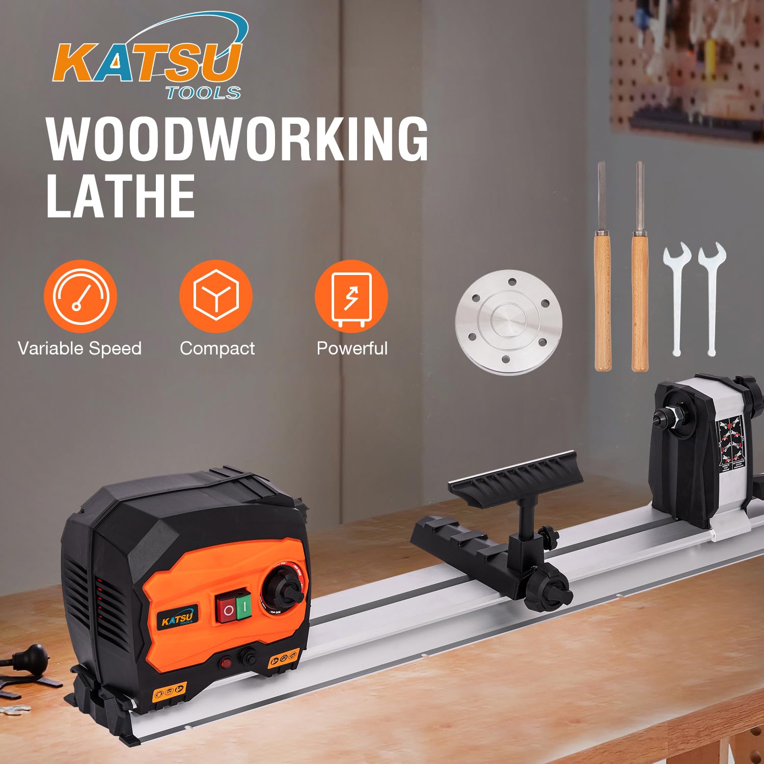 KATSU Mini tour à bois 550 W, vitesse variable, électrique, pour établi, longueur maximale de la pièce : 600 mm, pour projets de bricolage en menuiserie.