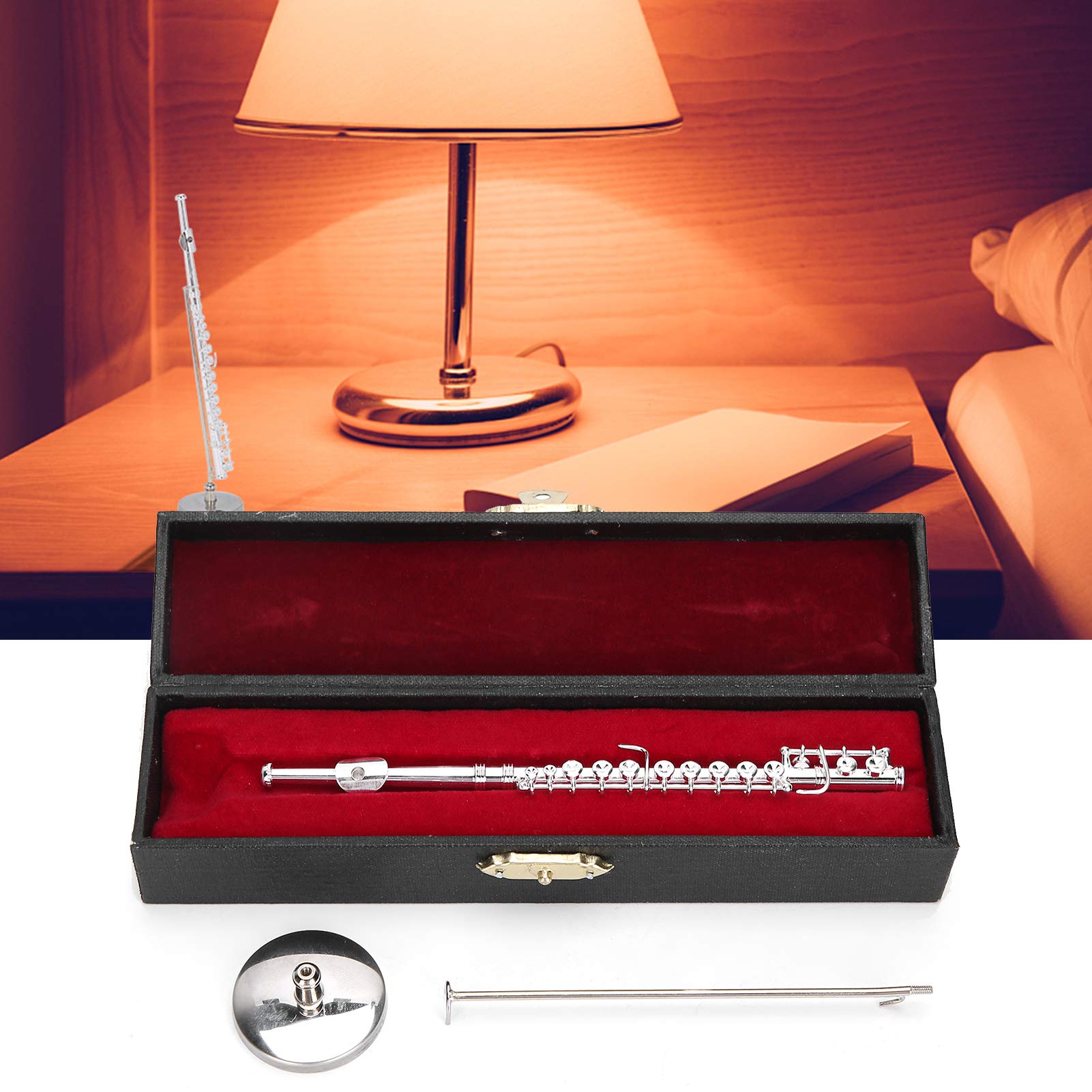 Miniaturflöte mit Ständer, Kupfer Miniaturflöte Flöte Musikinstrument, Mini Flöte Modell mit Ständer und Koffer für Instrumentenmodell Zubehör Geschenk Musikliebhaber