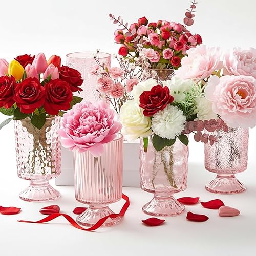 Miniatura 9 de 6 piezas (Altura: 7 pulgadas de ancho: 4 pulgadas) jarrón de cristal con pedestal en relieve, base grande, jarrones vintage de cristal grueso para