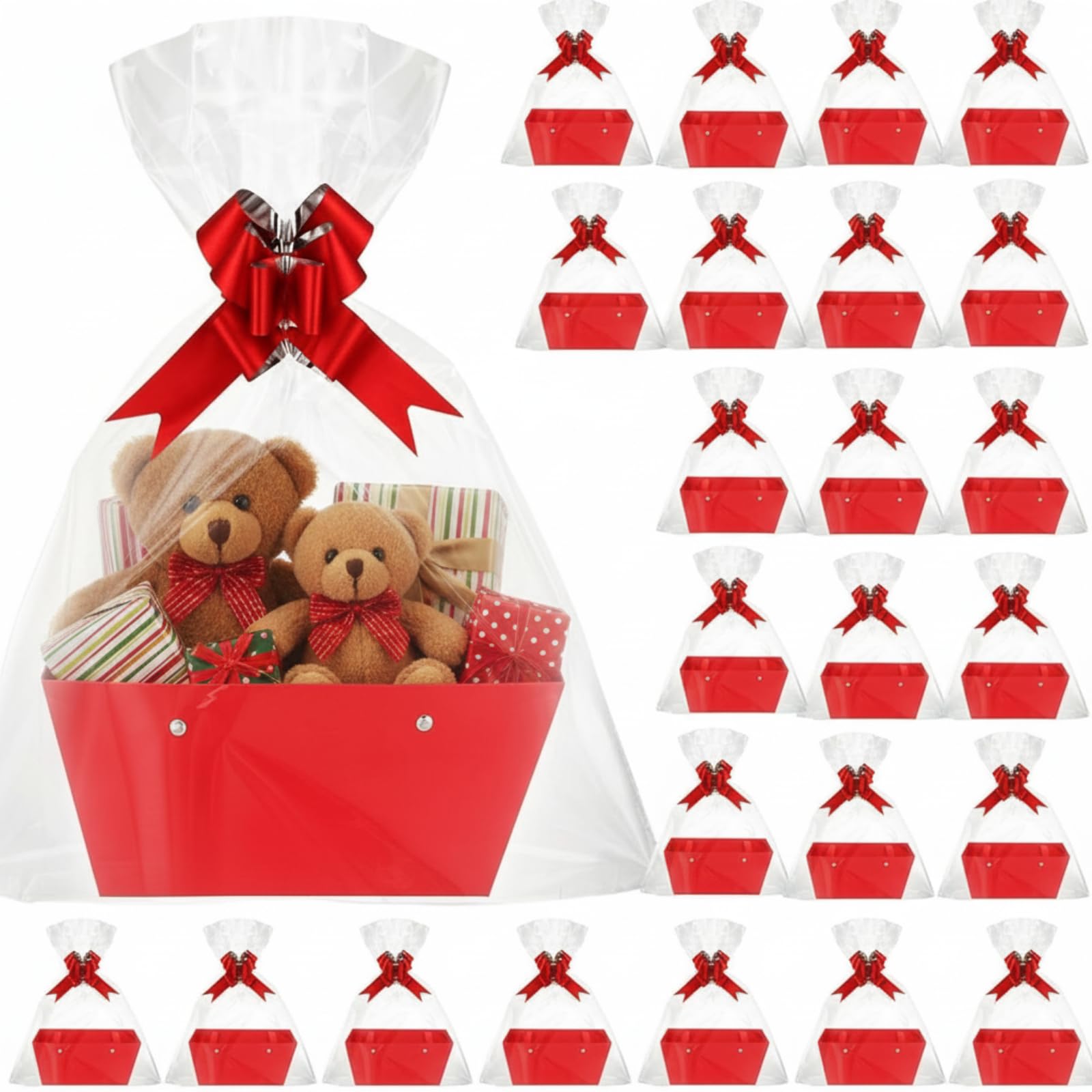 PerKoop 24 juegos de cestas para regalos vacías para llenar, cesta de regalo de papel kraft con asas, 24 cestas navideñas a granel, 24 bolsas de envoltura, 24 lazos para bodas, fiestas de cumpleaños,