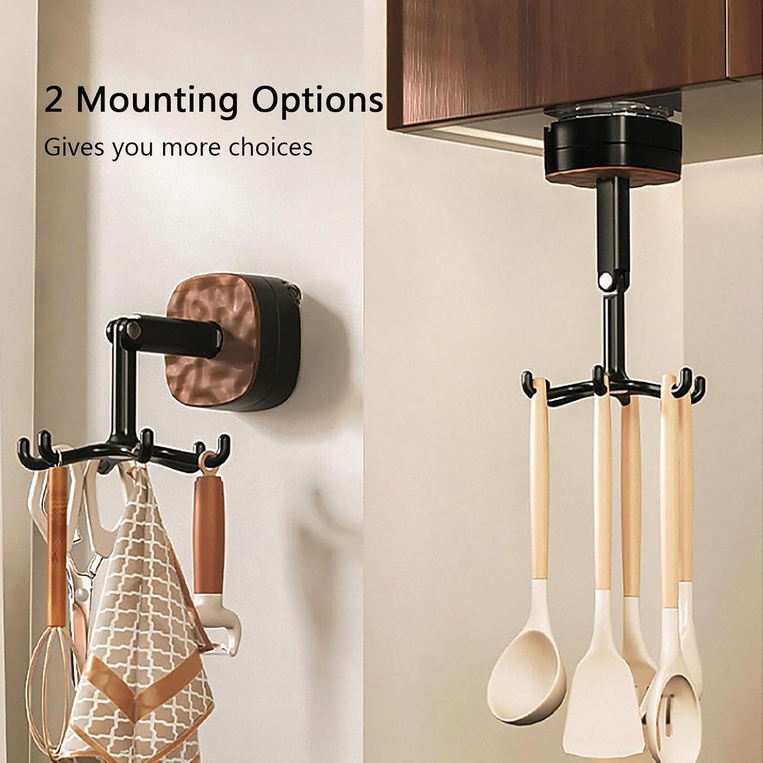 360° Rotating Kitchen Utensil Hook, Suction Cup Mounting, Sturdy Wall/Under Cabinet Organizer for Cooking Tools, Towels, and Small Items