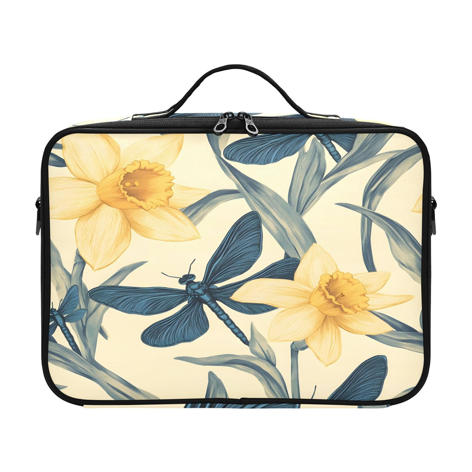 zyrtty Travel Makeup Train Case Narcissus Dragonfly Pattern Yellow Cosmetic Organizer Portable Storage Bag with Adjustable Dividers for Cosmetics Brushes Toiletry Jewelry Digital Accessories