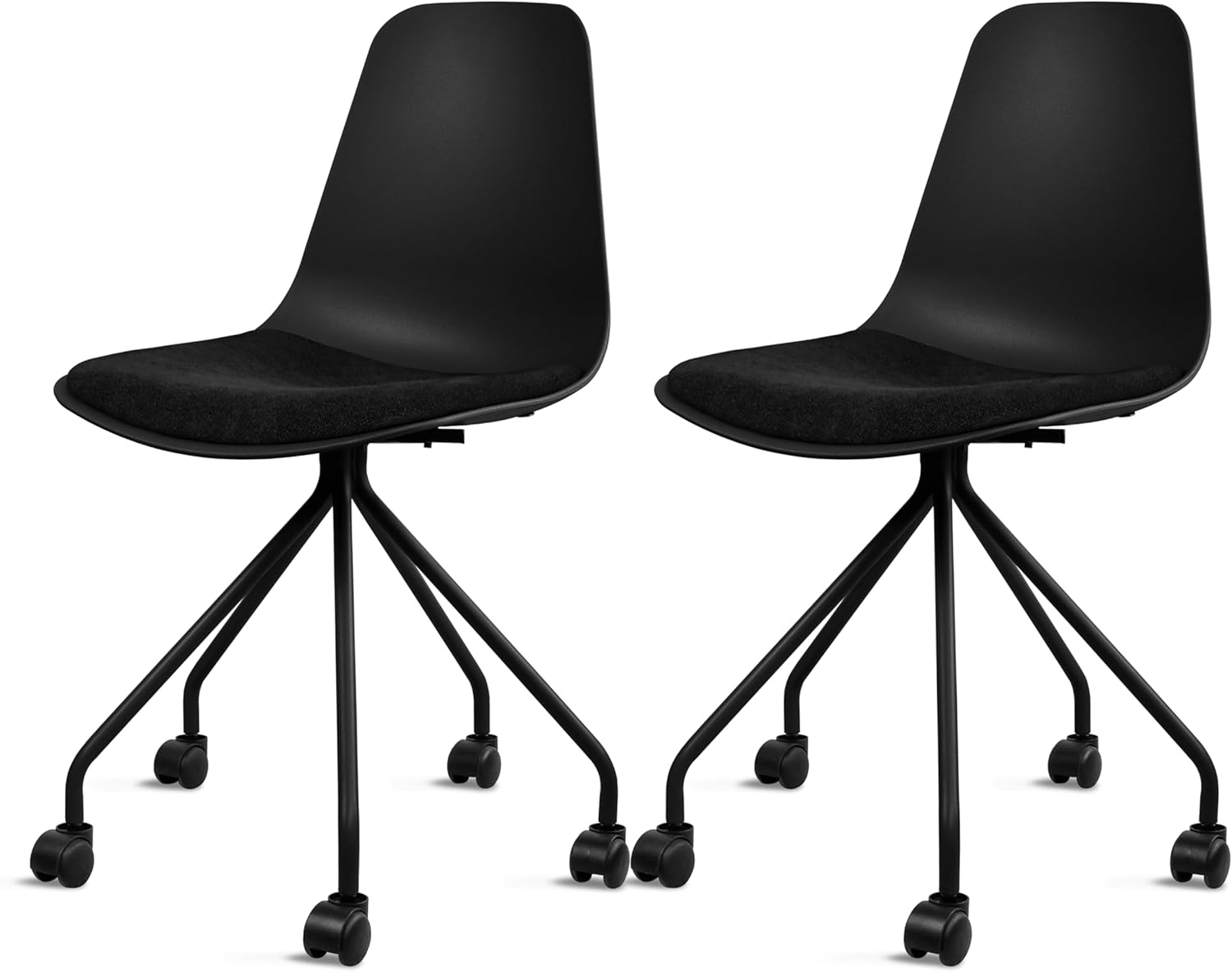 2xhome Set of 2 Modern Office Task Chairs | Linen Fabric Padded Cushion and Rolling Metal Base | Functional Conference Desk Computer Chair for Home (Black)