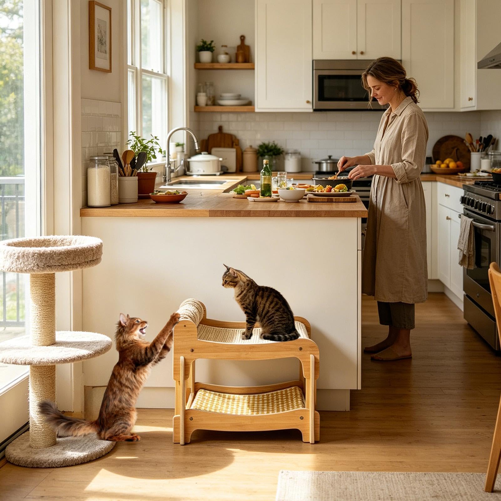 Caseta elevada para gatos Hamaca de dos transpirable de madera lavable | Litera con rascador para gato doméstico para casa, dormitorio, balcón, dormitorio y sala de estar