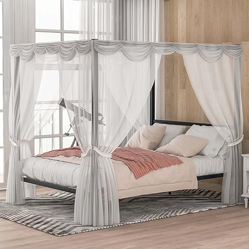 TMEOSK Queen Size 4-Post Metal Canopy Bed Frame with Classic Retro Style Headboard and Sturdy Steel Support for Boys Girls Teens Adults