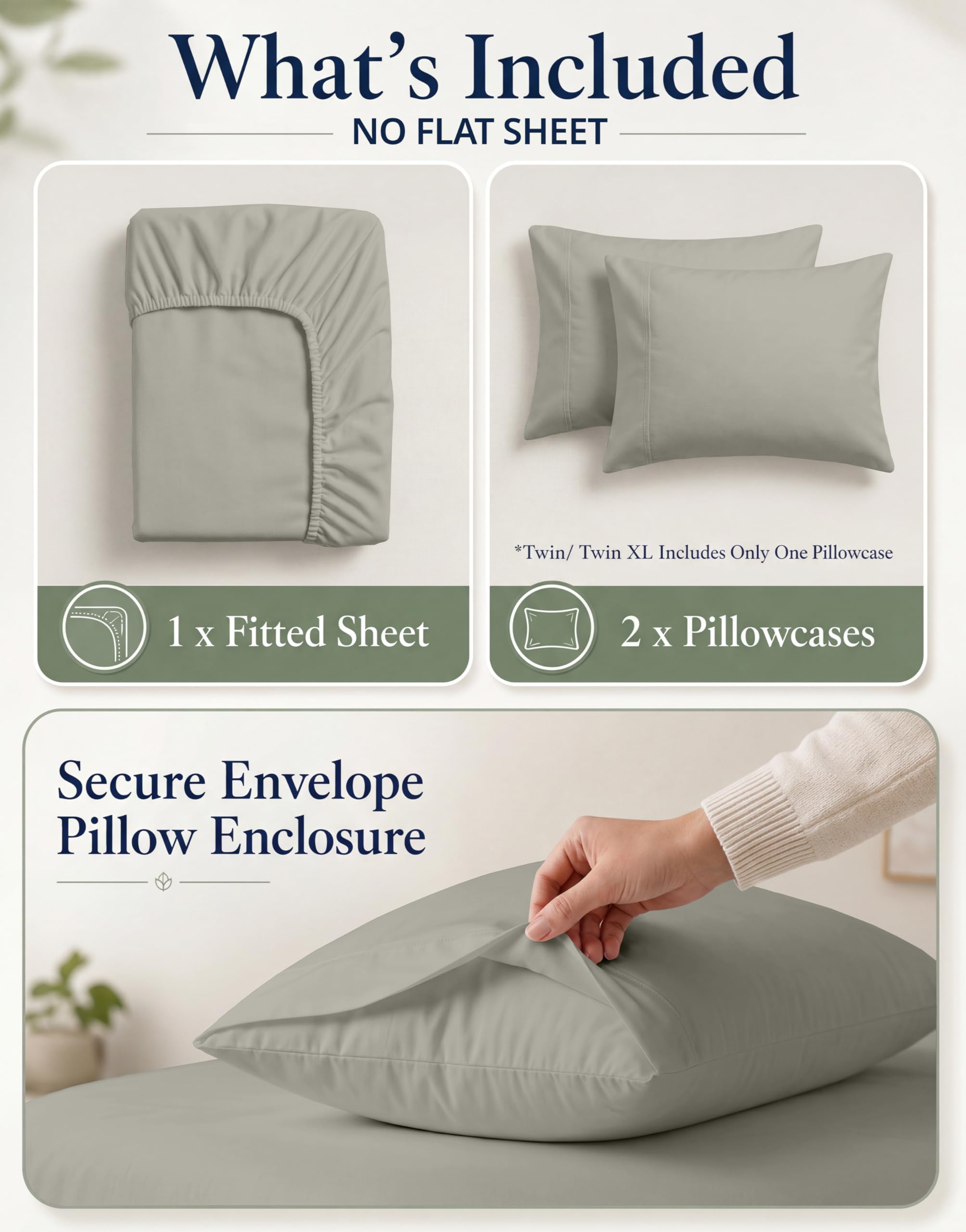 Lane Linen Lenzuolo con angoli per letto matrimoniale, 100% cotone biologico, percalle, morbido e traspirante, set di 3 pezzi con 2 federe, tasca profonda 38 cm ed elastico a tutto tondo, argento