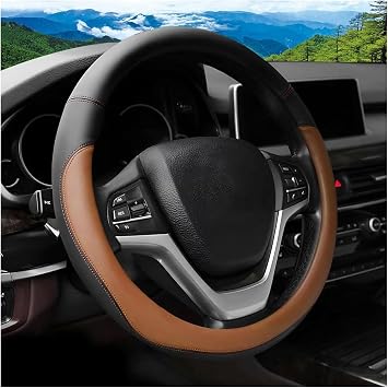 Leather Steering Wheel Cover for Peugeot 103 107 207 206 208 2008, Wheel Protector Anti-Slip Grip, All Seasons Breathable Comfortable Universal Accessories Diverse Cars, Coffee-[14.5"-15"]