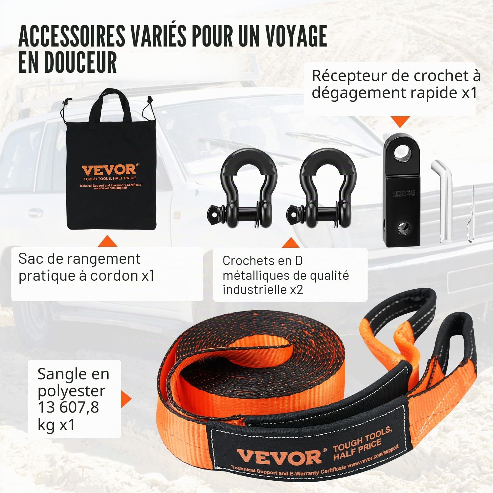VEVOR Kit récupération Tout-Terrain 7,6x914,4 cm Sangle de remorquage 13608 kg manilles à Anneau en D 20000 kg récepteur de Manille Sac de Rangement pour VTT, Jeeps, véhicules Tout-Terrain, camions