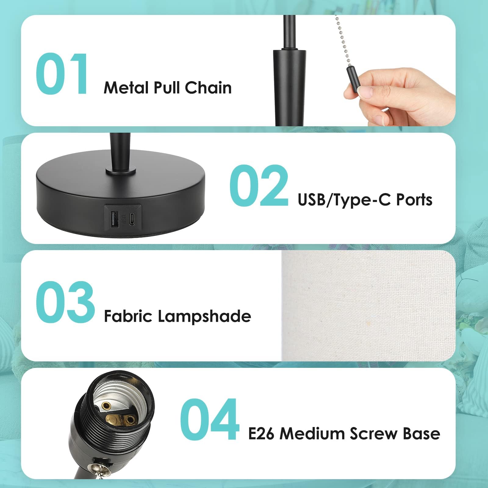 GGOYING Set of 2 Bedside Table Lamp, Pull Chain Nightstand Lamps with USB C Charging Ports, 5000K LED Bulb, Round Fabric Linen Lampshade for Livingroom,Bedroom,Home