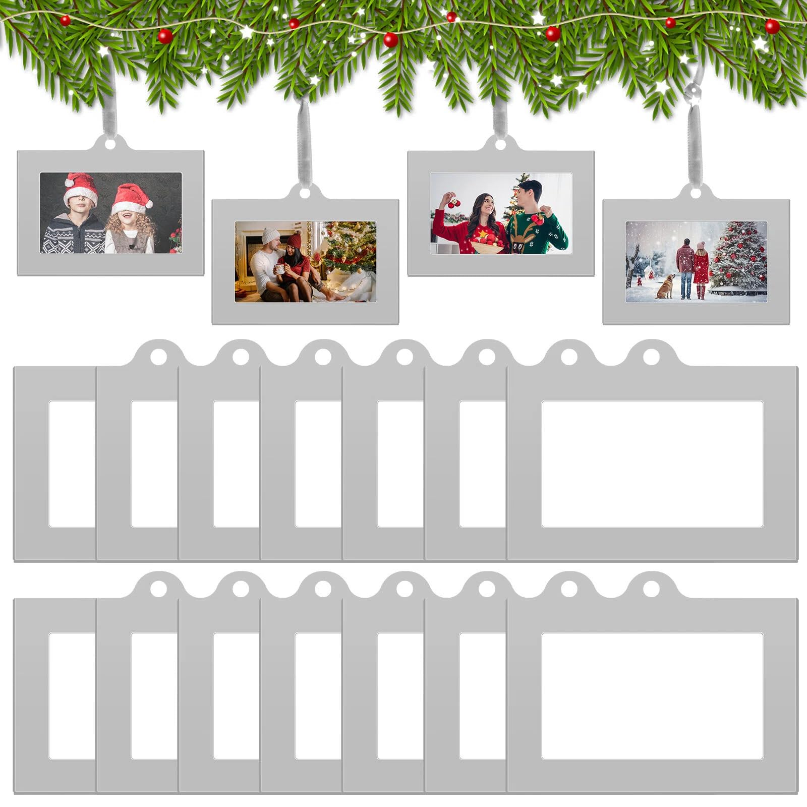 Barydat 15 Pcs Metal Christmas Photo Frame Ornaments Bulk 2 x 3 Inch Heavy Duty Reusable Small Frame Decorations for Xmas Tree Home Indoor Outdoor Decor Gifts (Horizontal,Silver)