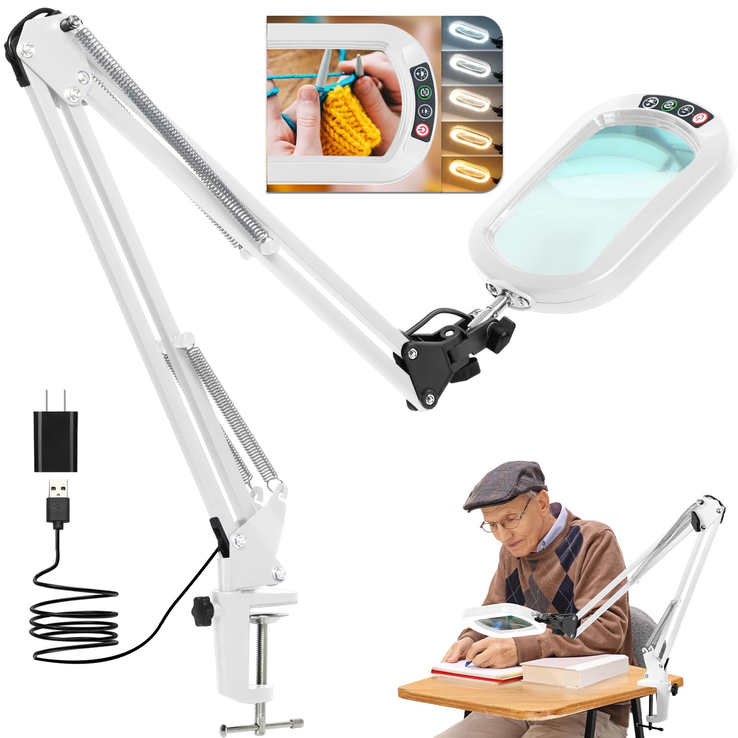 Photo 1 of 14.35" Large Magnifying Glass with Light and Clamp, Real Glass, 5 Color Modes, Stepless Dimmable, Lighted Magnifier with Stand Hands Free, LED Swing Arm Desk Lamp for Close Work, Craft, White