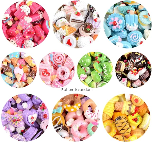 BOSOIRSOU 100 pcs Assorted Slime Charms, Cute Candy Sweet Fruits Donut Charms Ornaments Flatback Resin Cabochons for Craft Making Ornament Scrapbooking DIY Crafts Beads Making Supplies