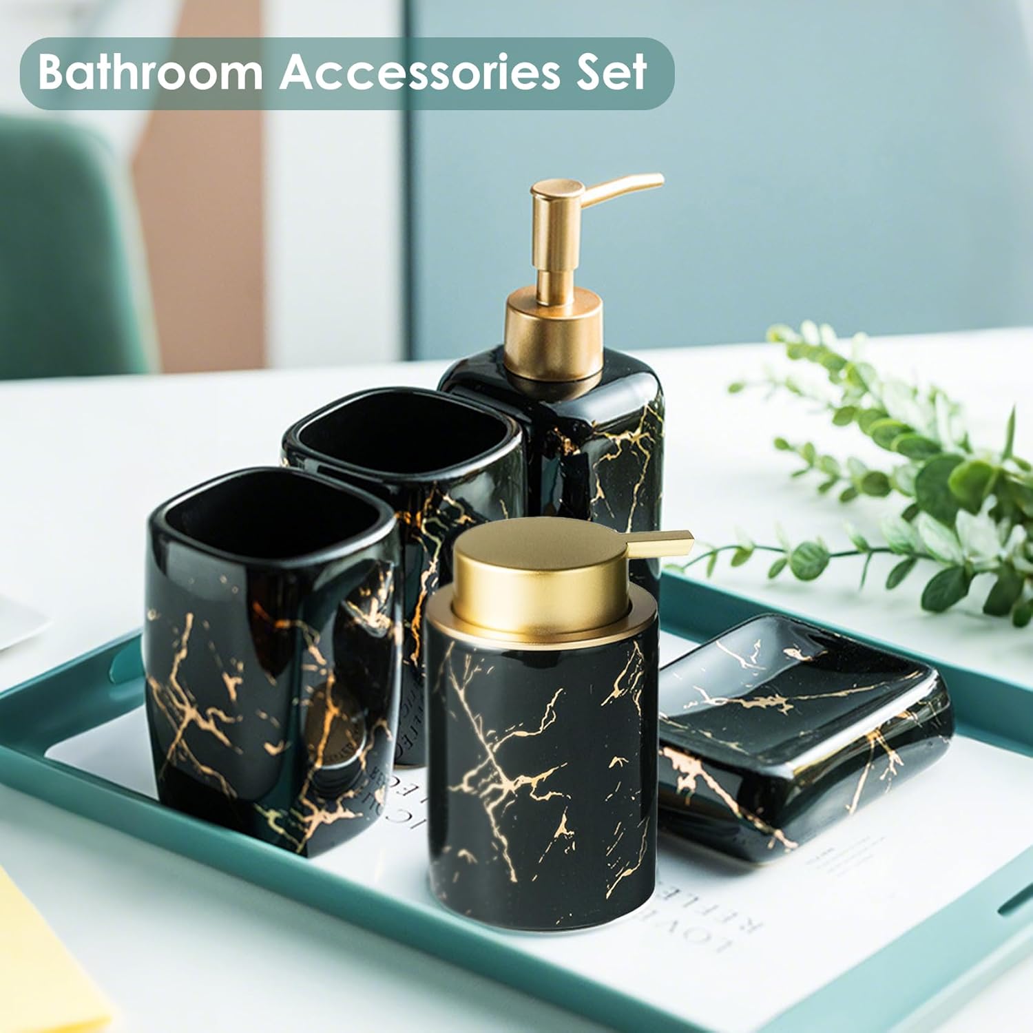 Bathroom Accessories Set, 5 Pieces of Ceramic and Gold Bathroom Accessories Set, foaming Dispenser, soap Dispenser, 2 mouthwash Cups, soap, Waterproof and Easy to Clean (Black and Gold)