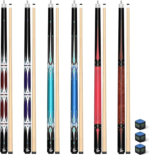 Miniatura 10 de Juego de 6 tacos de billar de 58 pulgadas, 2 piezas, de arce comercial, 18, 19, 20, 21 onzas, palo de billar de 0.512 in con tizas