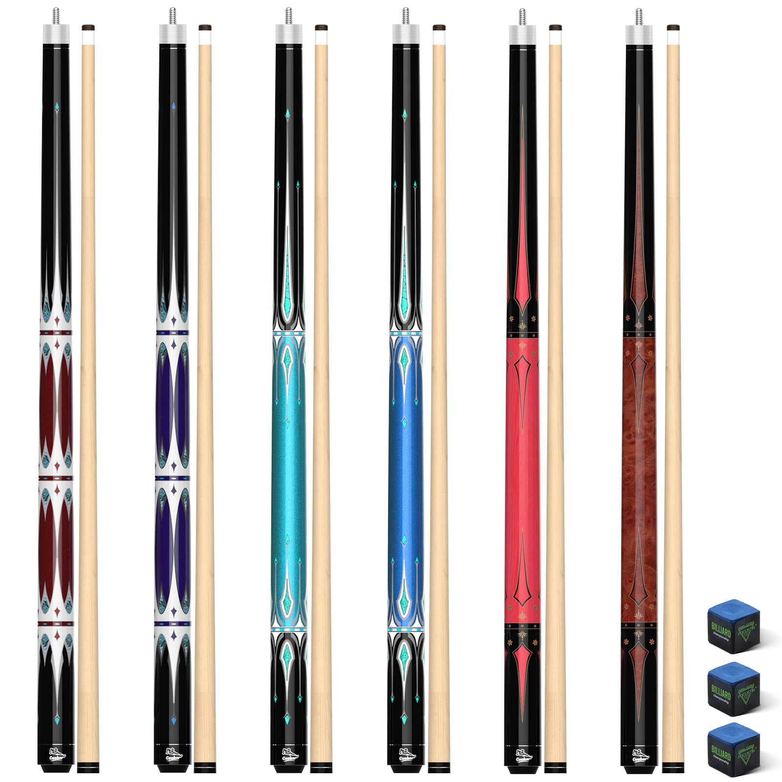 CUEBAR Pool Cues Set of 6, 58 Inch 2 Piece Commercial Maple Billiard Sticks 18 19 20 21 oz, 13mm Tip Barehand Grip with Chalks – Purple Red Teal Blue Pink Brown